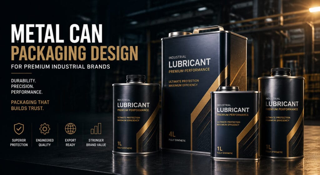 Premium metal can packaging design for industrial lubricant brands in a cinematic factory environment
