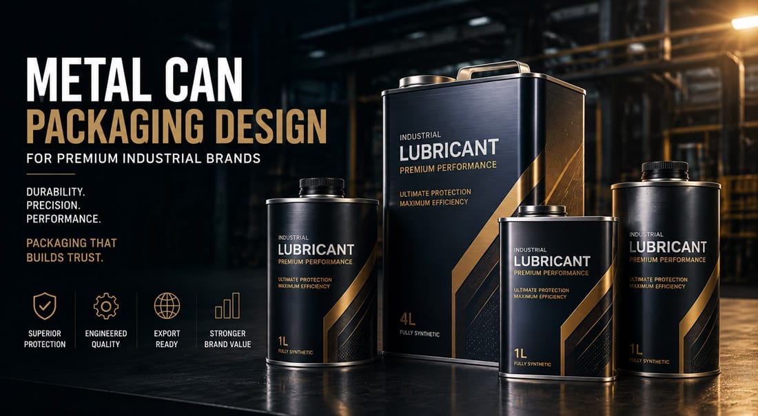 Premium metal can packaging design for industrial lubricant brands in a cinematic factory environment
