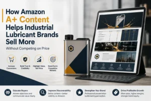 Laptop displaying Amazon A+ Content product page for industrial lubricant brand with rich visual modules