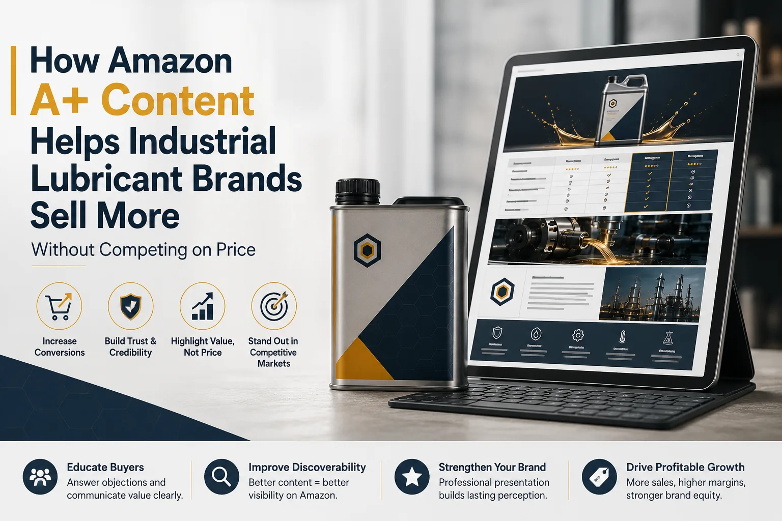 Laptop displaying Amazon A+ Content product page for industrial lubricant brand with rich visual modules
