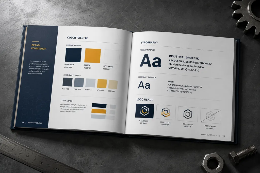Open brand book with color palette and typography guidelines for a chemical manufacturing company