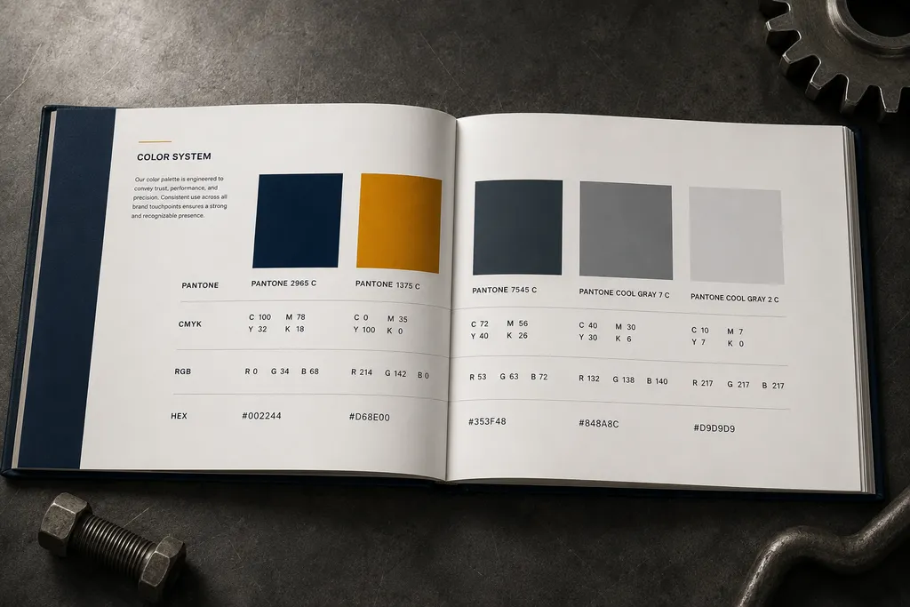Brand book color palette page showing Pantone, CMYK, RGB and HEX values for an industrial chemical manufacturer