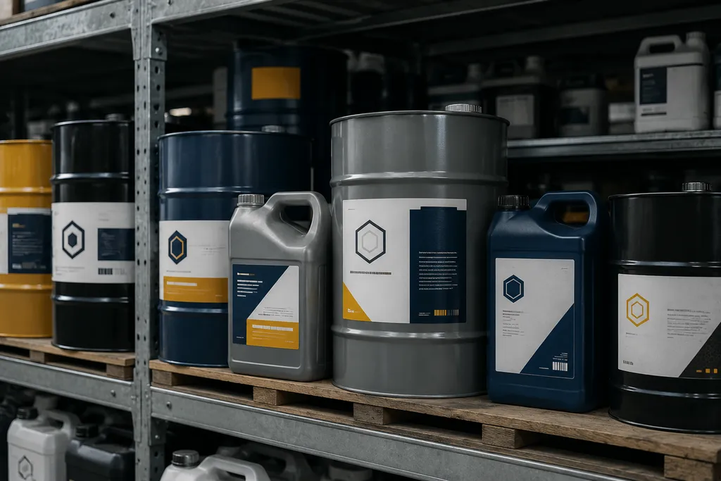 Industrial chemical containers on warehouse shelf showing inconsistent brand identity across packaging formats