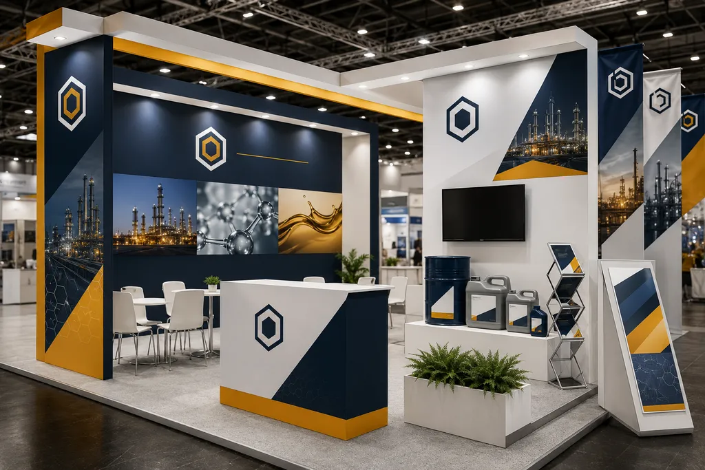 Industrial chemical manufacturer trade show booth showing consistent brand identity system across international export markets