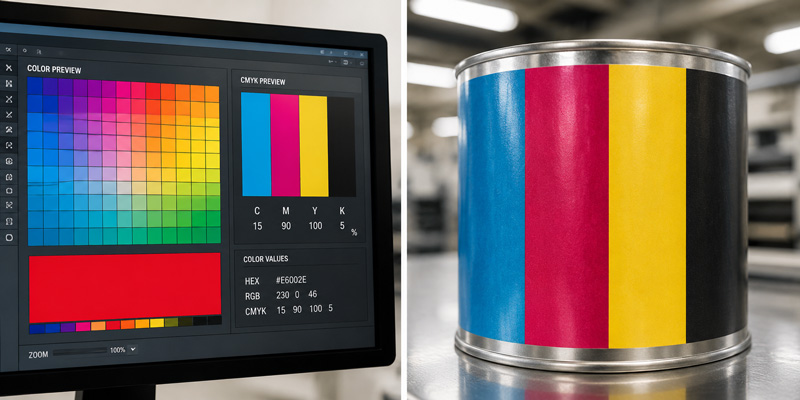 Comparison of digital color preview versus actual CMYK print result on tinplate metal can