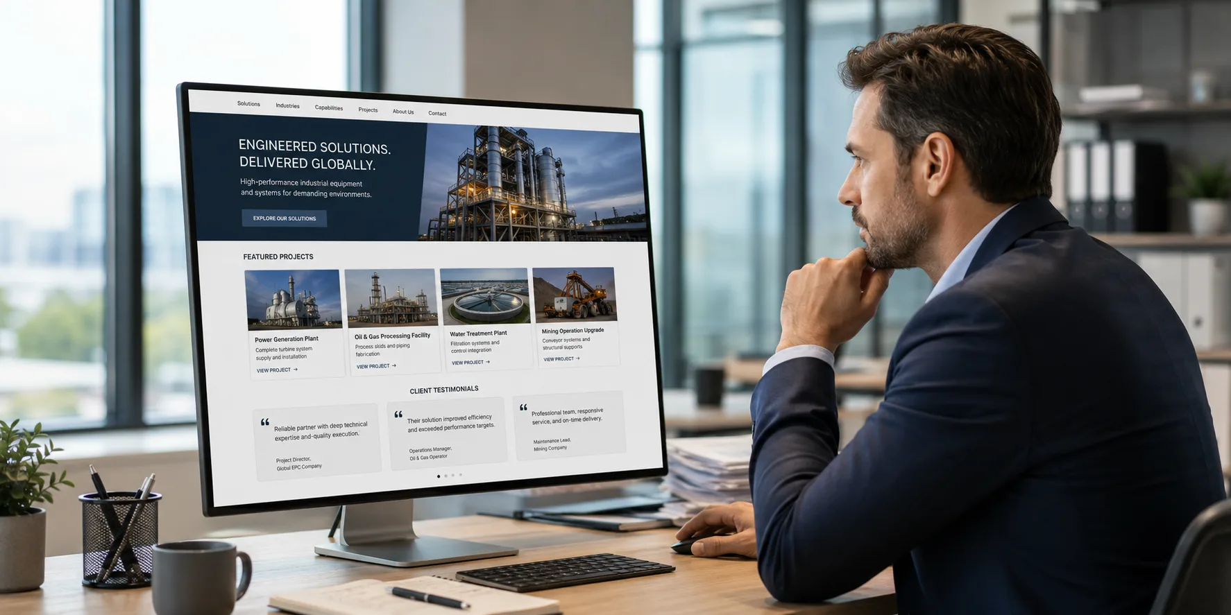 International buyer reviewing industrial manufacturer website portfolio and client testimonials before making contact