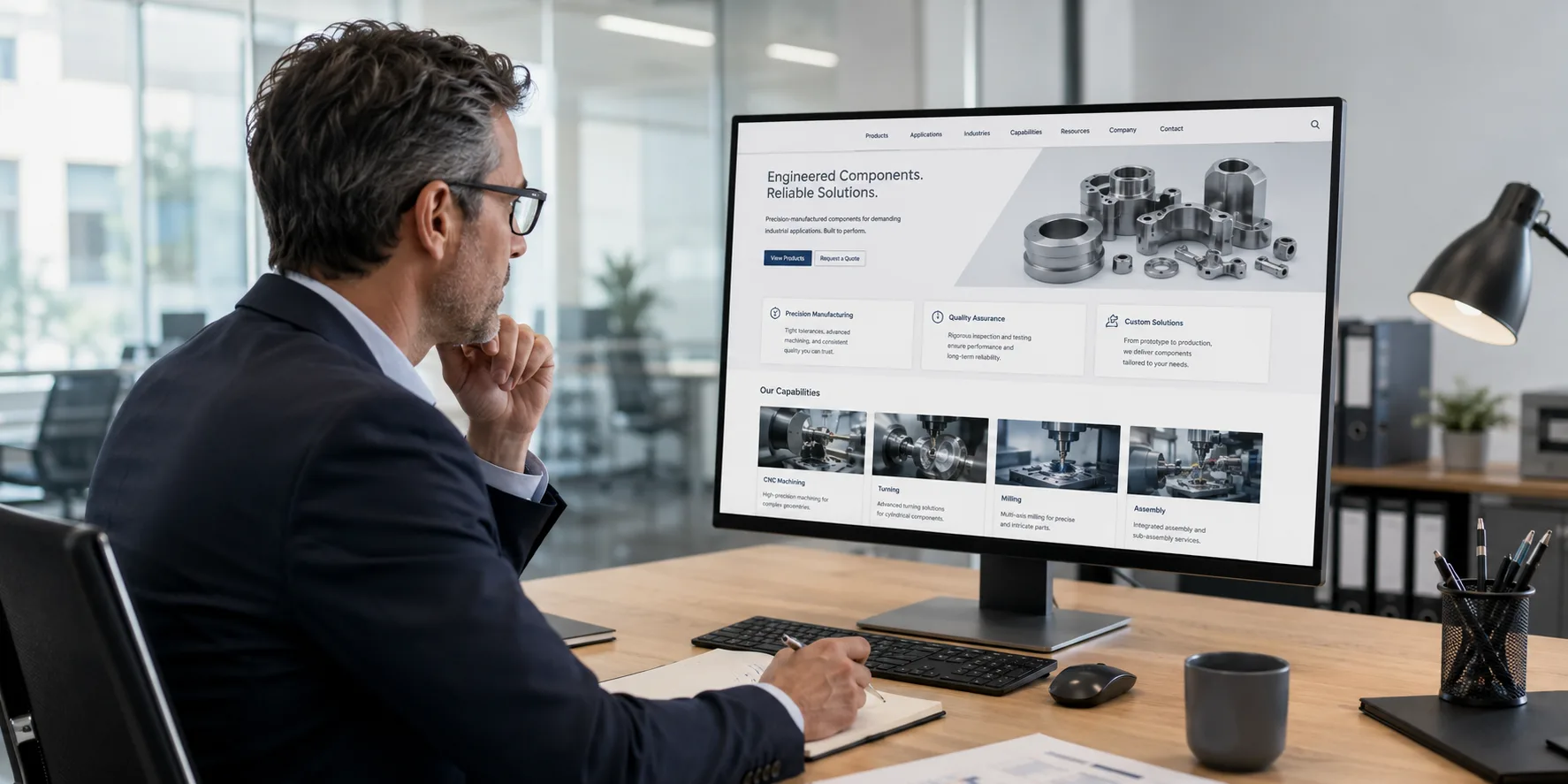 International B2B buyer reviewing an industrial manufacturer website for credibility and product information