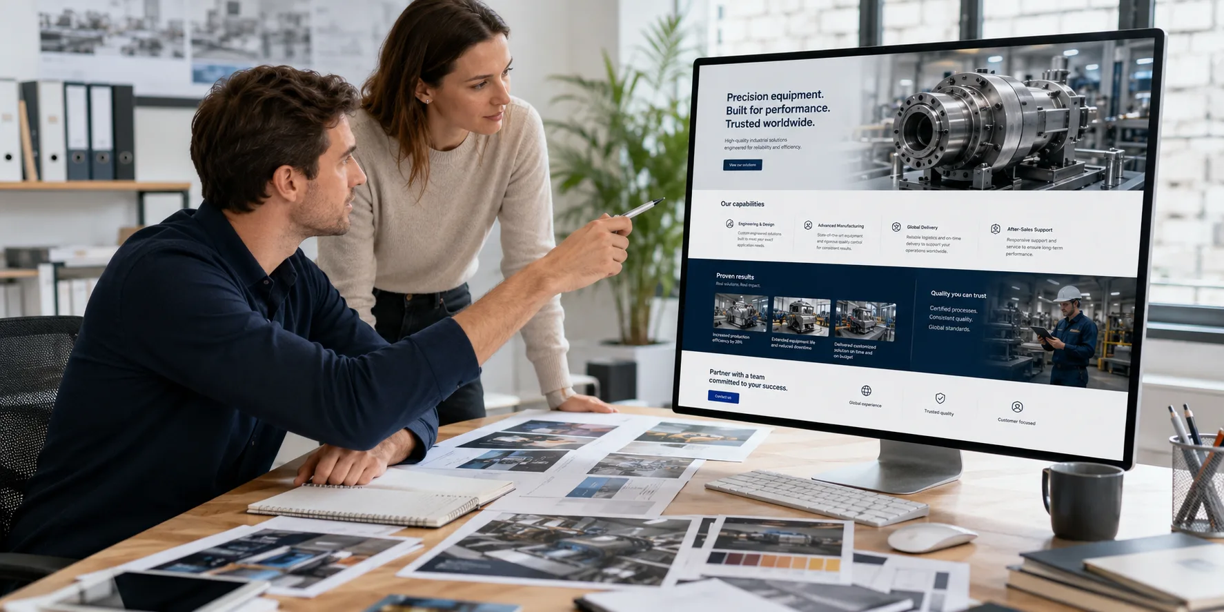 Industrial brand manager and designer reviewing website structure to improve credibility for international buyers