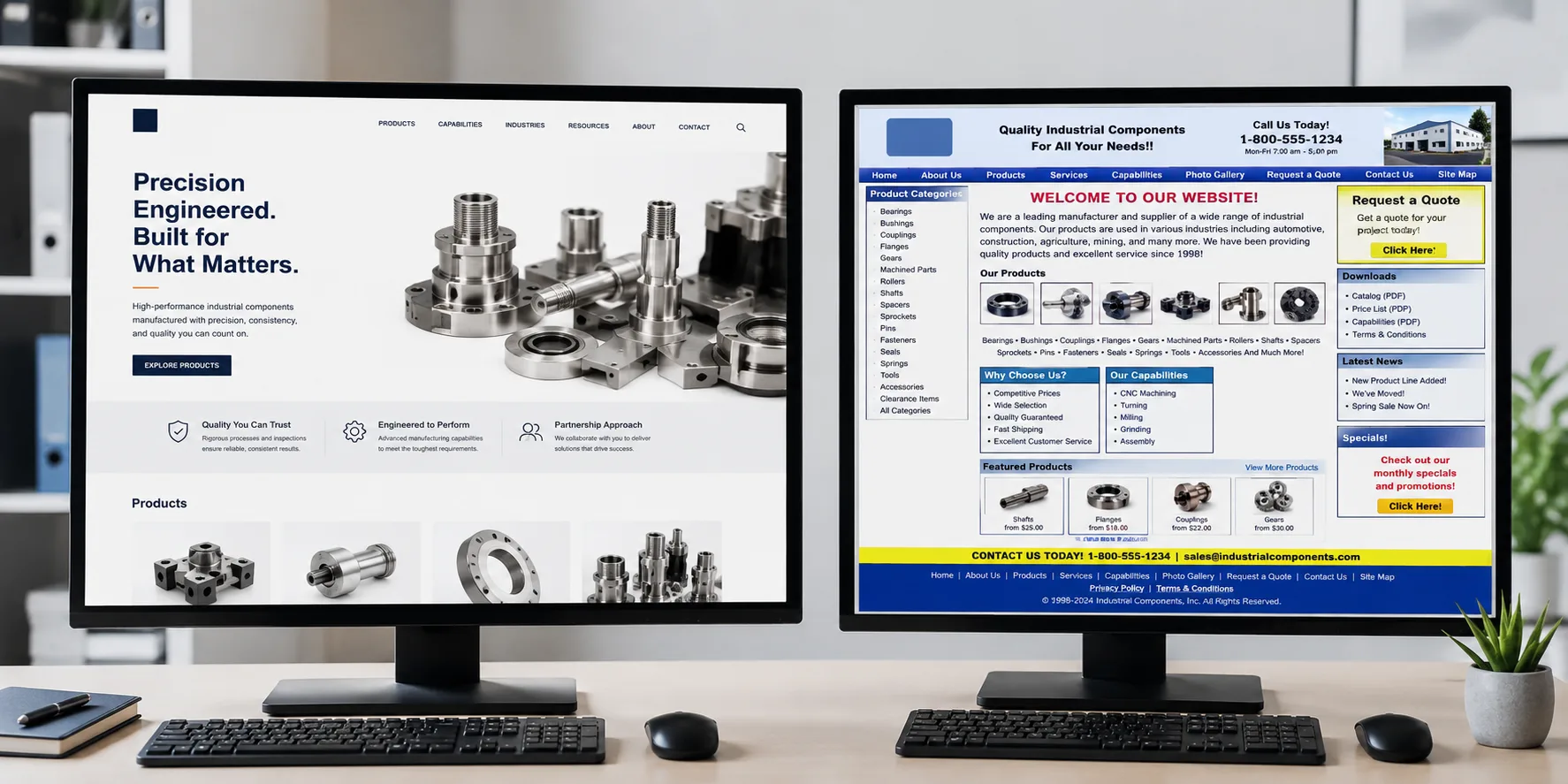 Comparison of credible versus outdated industrial manufacturer website design for international buyers