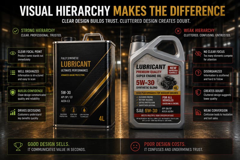 Strong versus weak visual hierarchy in lubricant packaging design