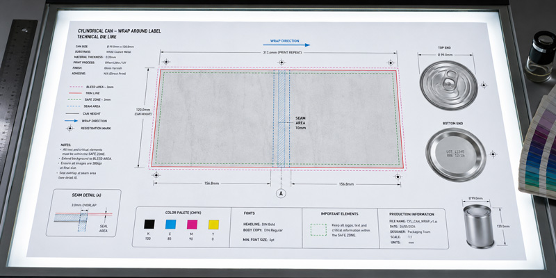 Technical dieline layout for cylindrical metal can showing bleed zones and seam position