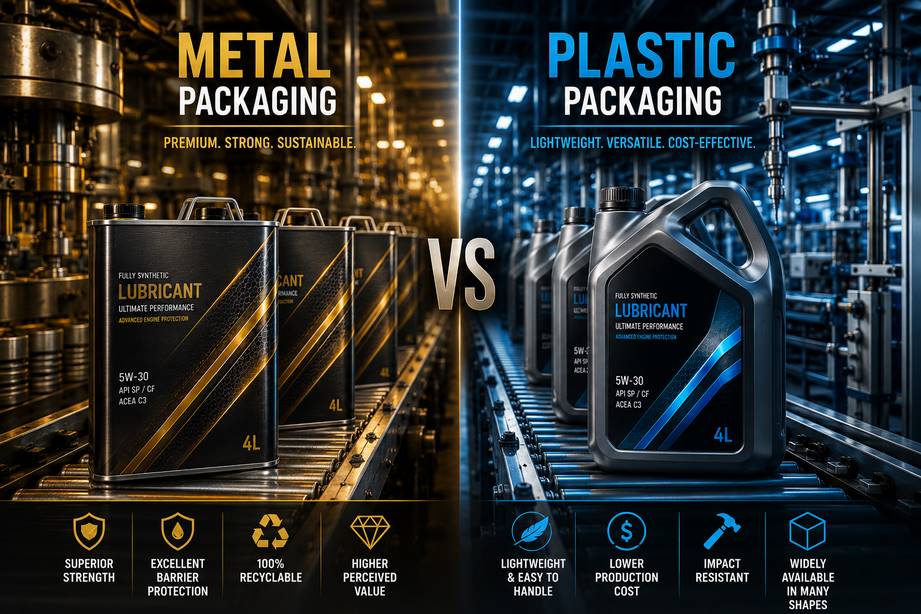 Metal and plastic lubricant packaging production comparison