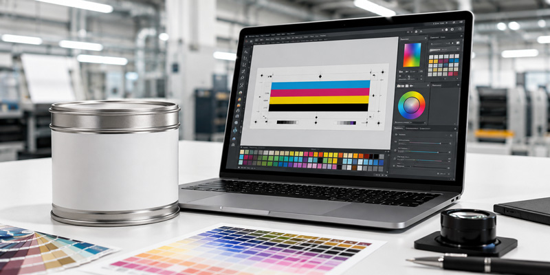 Designer reviewing print-ready artwork file for industrial metal can packaging