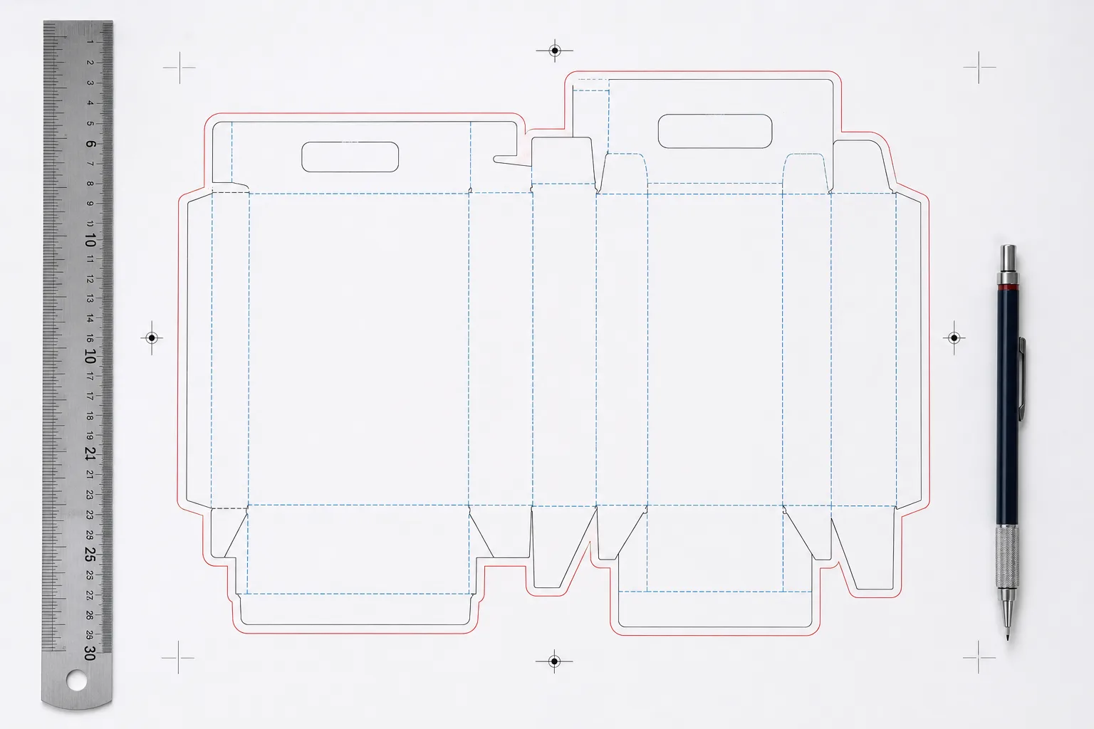 Packaging dieline showing bleed lines safe zone and trim marks required for print-ready artwork production