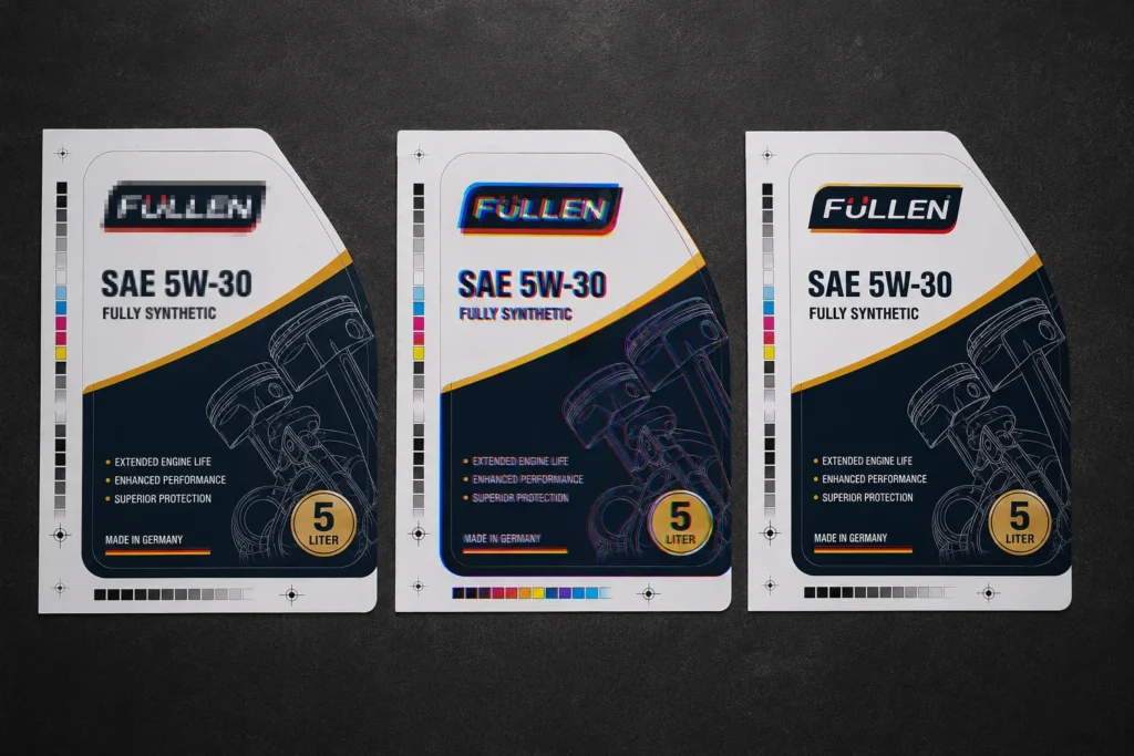 Three industrial packaging labels comparing common print-ready artwork errors against a correctly prepared production file