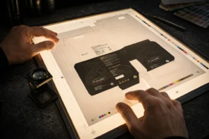 Designer reviewing print-ready artwork dieline on lightbox for industrial packaging production