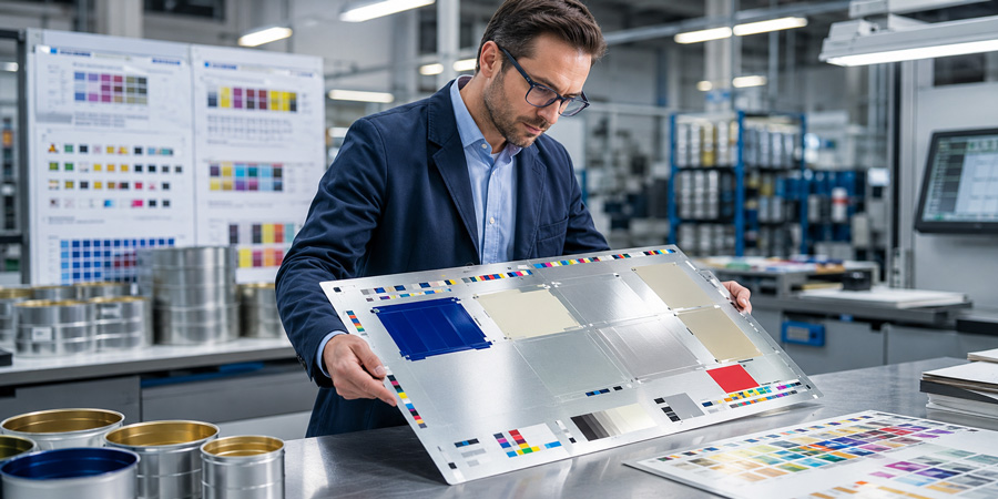 Brand manager reviewing physical tinplate proof for industrial metal can packaging production