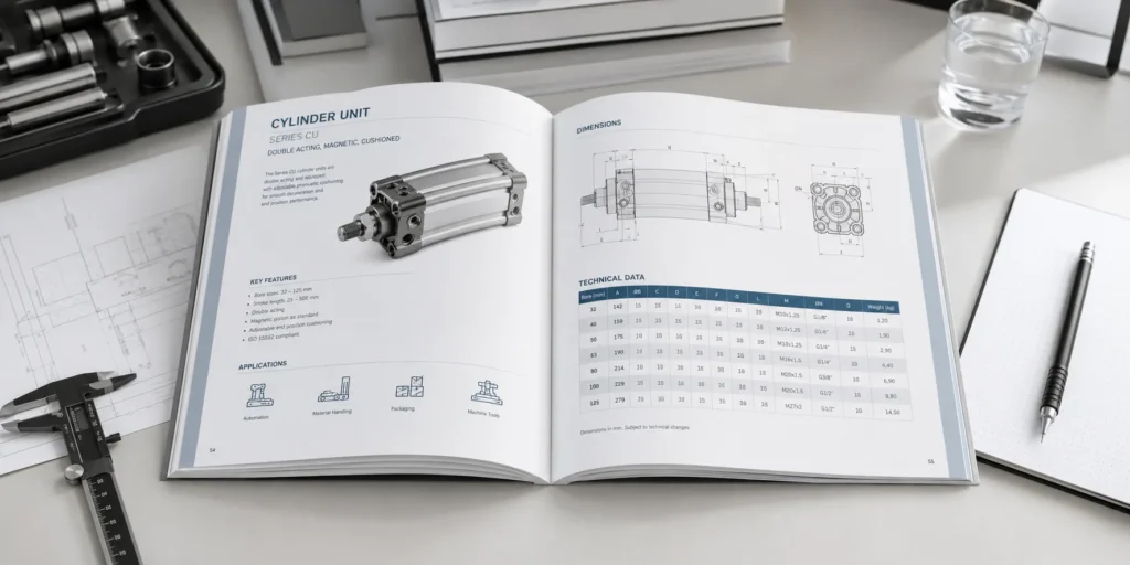 Industrial product catalog designed for European B2B markets showing technical specifications and schematic drawings
