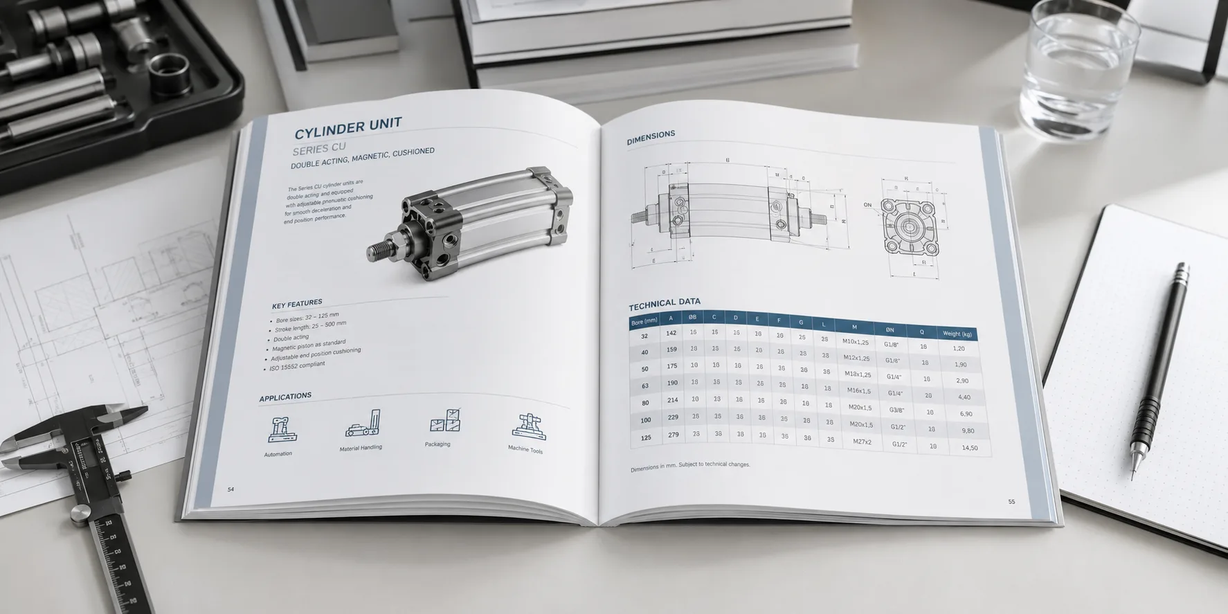 Industrial product catalog designed for European B2B markets showing technical specifications and schematic drawings